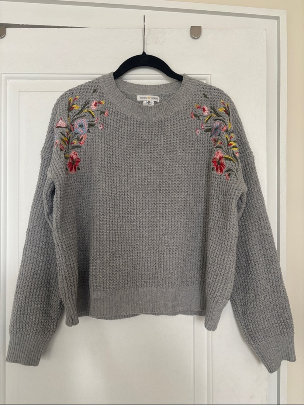Vintage Grey Sweater with Floral Embroidery Details